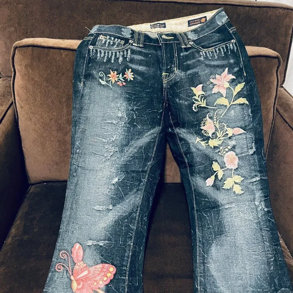 PEOPLE For Peace Embroidered Denim flowers butterflies bespoke handmade 26 NWT - Picture 1 of 7